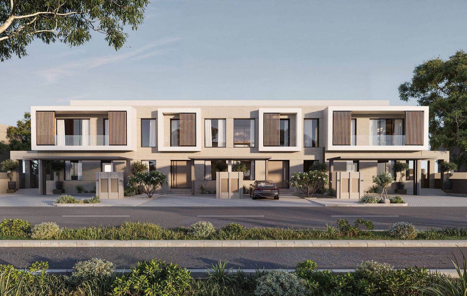 Panoramic exterior view of Wadi West Townhouses Wadi Yemm Ras El Hekma Egypt, showcasing modern Mediterranean architecture and serene coastal community liv